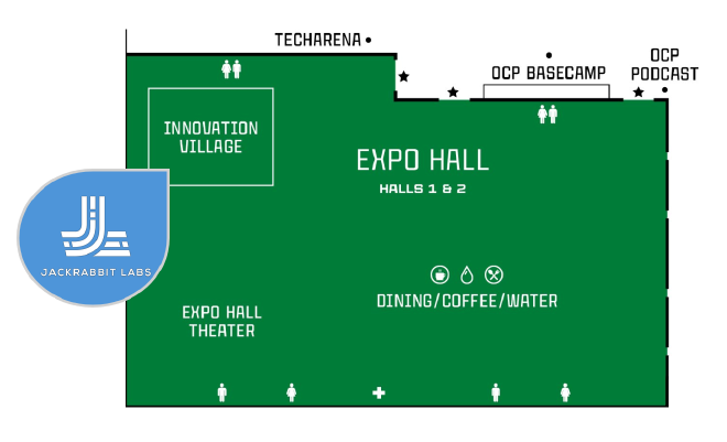 A picture of the OCP 2024 Innovation Village floor plan with Jackrabbit